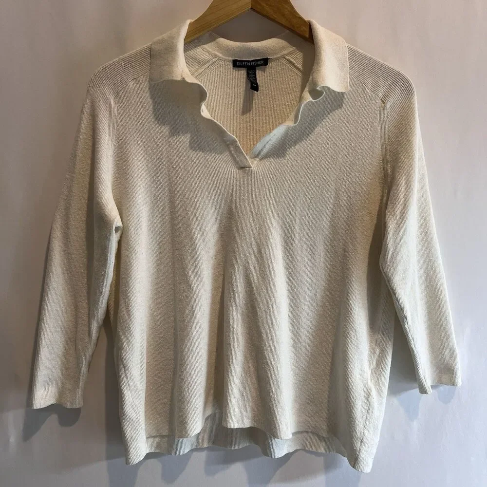Eileen Fisher Linen Blend Ribbed Sweater Italian Yarn Cream S Coastal V-Neck